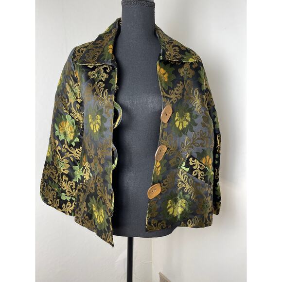 VTG Caroline Rose Women's Gold Floral Silk Abstract Artsy Lux Blazer Black M - Picture 2 of 14